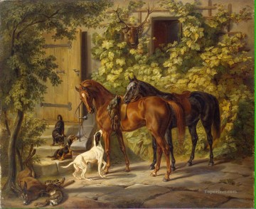  caballos Pintura - Adam Albrecht Caballos en el porche